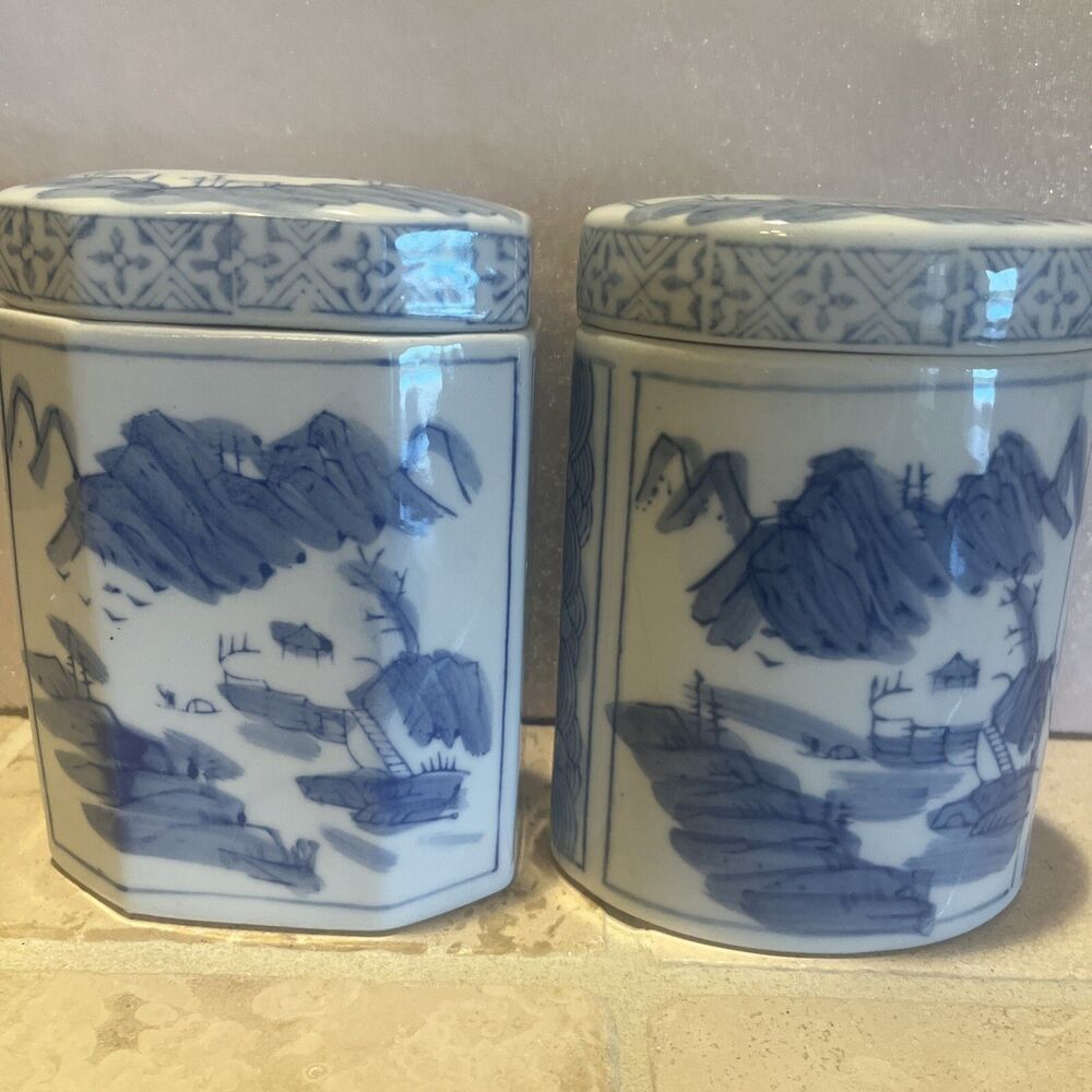 VTG Pier 2 Porcelain Tea Canister Blue & White Asian Japanese Scenery Mountains